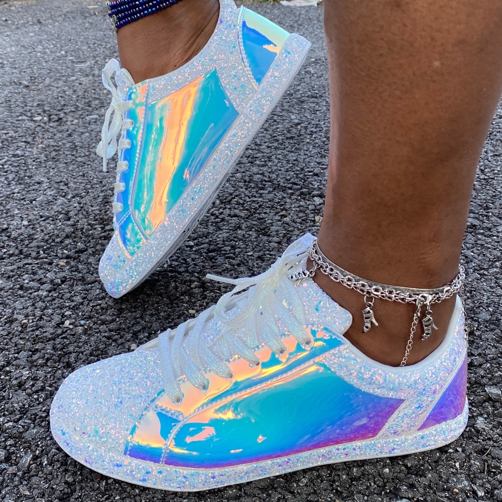 White Glitter Iridescent Tennis Shoes